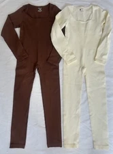 Curlady LARGE Full Bodysuit Jumpsuit Tummy Control Brown Cream Yoga Stretch