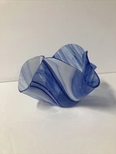 Salli Alaska Art Glass Folded Handkerchief Vase Cobalt Blue/White Swirl Signed