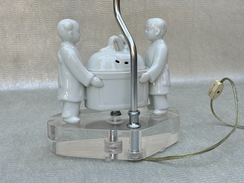 JAPANESE HIRADO WHITE PORCELAIN CENSER w/ BOYS ASIAN LUCITE BASE LAMP DRAGON LID - Picture 14 of 24
