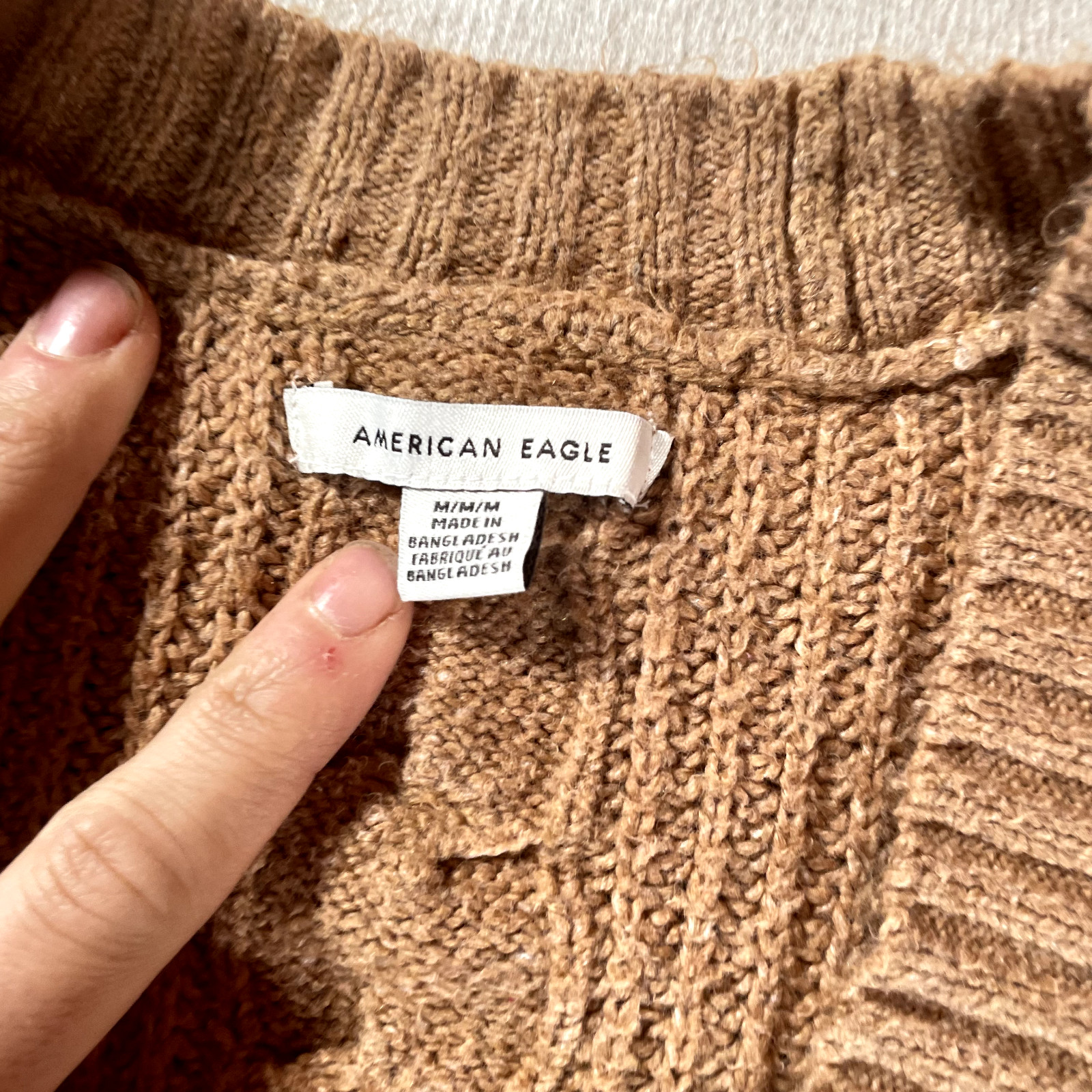 American Eagle Sweater Womens Tan Ribbed Chunky Knit Button Grandma Core V Neck