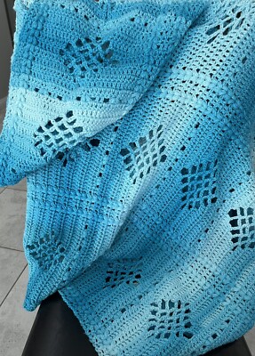Handmade Crocheted Aqua Ombre Lacy Diamond Pattern Afghan 48  x 68 
