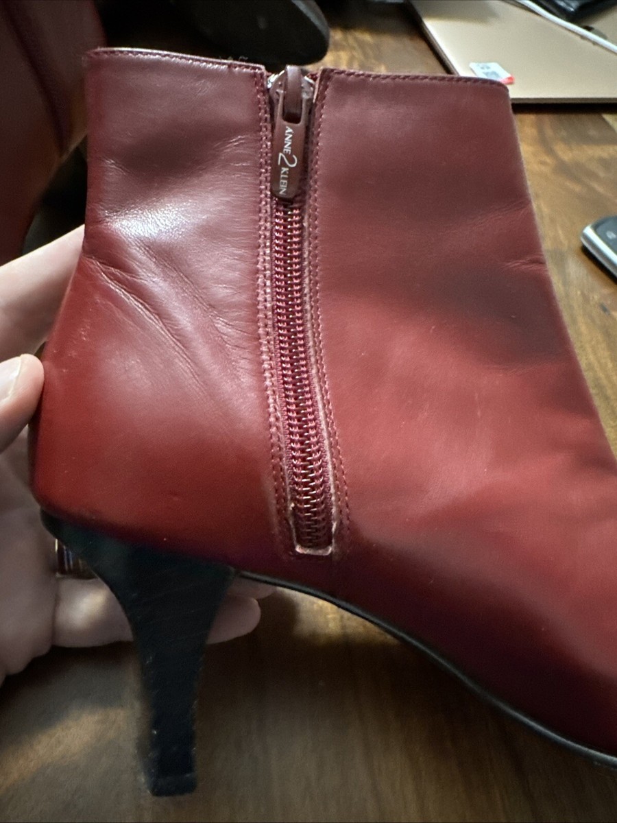 VTG 90s Anne Klein Red Leather Split Square Toe Chunky Heel Zip Ankle  Boots