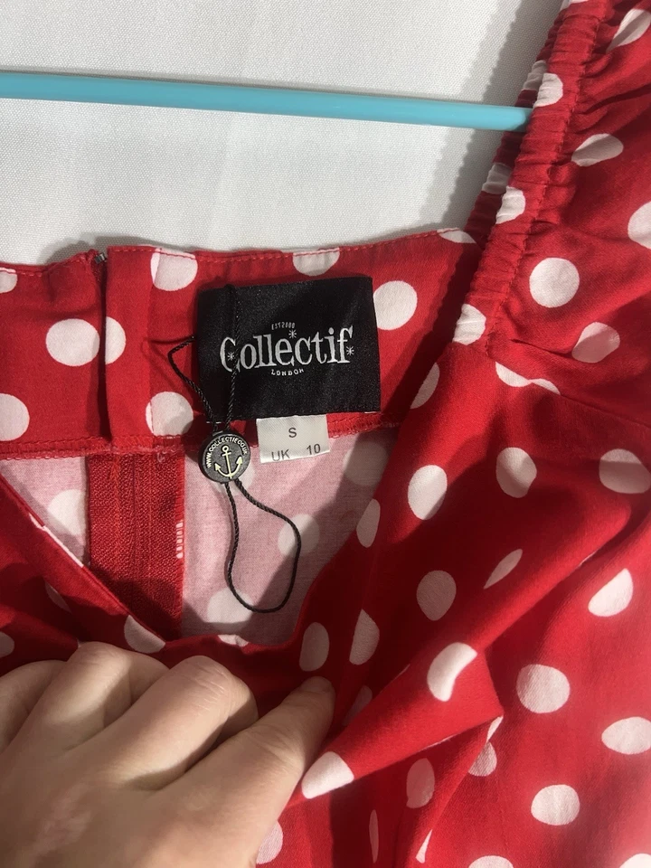 Collectif Dolores Muñeca Lunares Rojo Blanco Vestido Columpio con BOLSILLOS Falda Completa NUEVO Foto 4 de 4