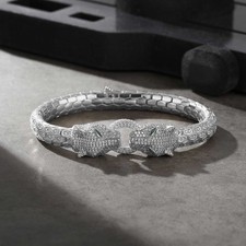 18k White Gold Round Lab Grown Diamond Panther Head Emerald Eye Cuf Bracelet Men