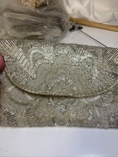 VINTAGE LA REGALE LTD. BEADED EVENING BAG silver COLOR CLUTCH CHAIN STRAP