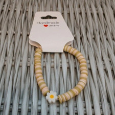 Handmade beige, white & yellow clay beaded bracelet daisy flower charm