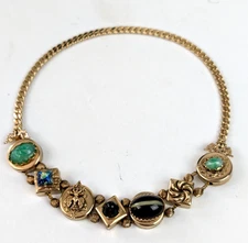 Victorian Revival 7 Art Glass Slide Charms Choker Necklace 15" Yellow Gold Tone