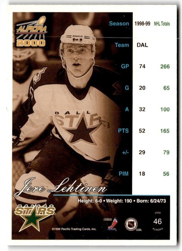 1999-00 Pacific Aurora Premiere Date Jere Lehtinen /60 #46 Dallas Stars - Foto 2 di 2