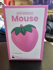 Wireless Strawberry Shaped Optical Mouse Pink Green Ergonomic Quiet Clicks USB