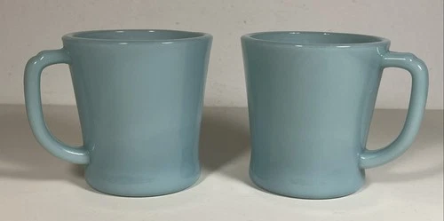 Vintage Set Of 2 Fire King Delphite Turquoise Blue Milk Glass D Handle Mug