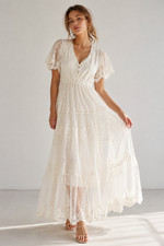 Ivory Lace Maxi Dress Women Romantic Boho Floral Embroidered Swiss Dot Cottageco