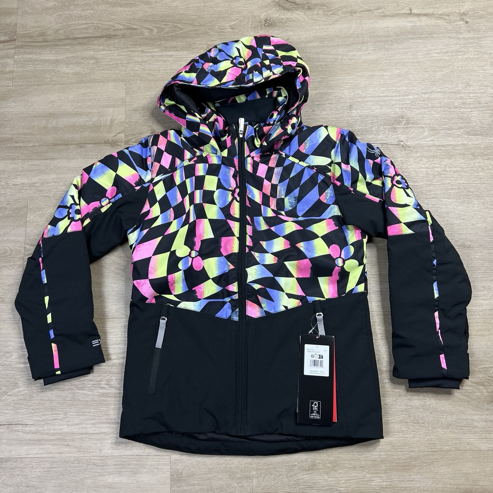 Spyder Conquer Jacket Ski Snow Full Zip Hooded Geometric Girls Youth Size 12 NWT