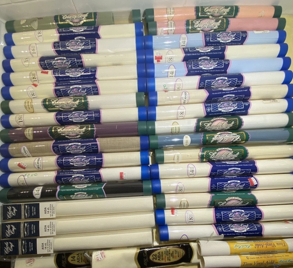 Huge Estate Lot Of 36 Cross Stitch Fabric Tubes Various Colors + Vtg Magazines - Image 2 of 4