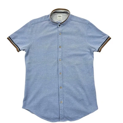 Chemise boutonnée grand-père en coton bleu clair coupe slim homme Zara taille S - Photo 1/4