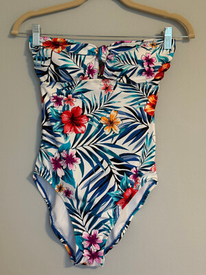 TIME & TRU WOMEN'S ONE-PIECE SWIMSUIT. SIZE: S (4 - 6)  STRAPLESS TROPICAL PRINT