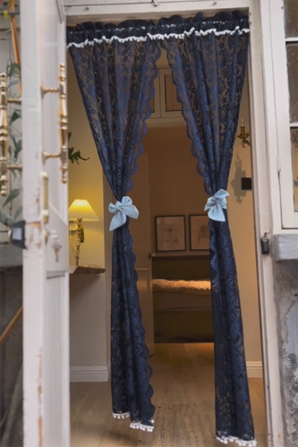 2X Floral Lace Net Curtain Pom Pom Fringe Window Door Panel Drape Home Navy Blue - Picture 11 of 12