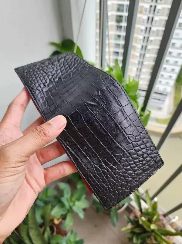 Cartera plegable de cuero de avestruz rojo negro real para hombre porta tarjetas hecha a mano Foto 4 de 4