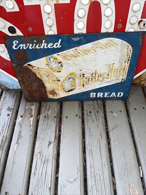 c.1940s Original Vintage Enriched Butter-Nut Bread Sign Metal Embossed Baker 
