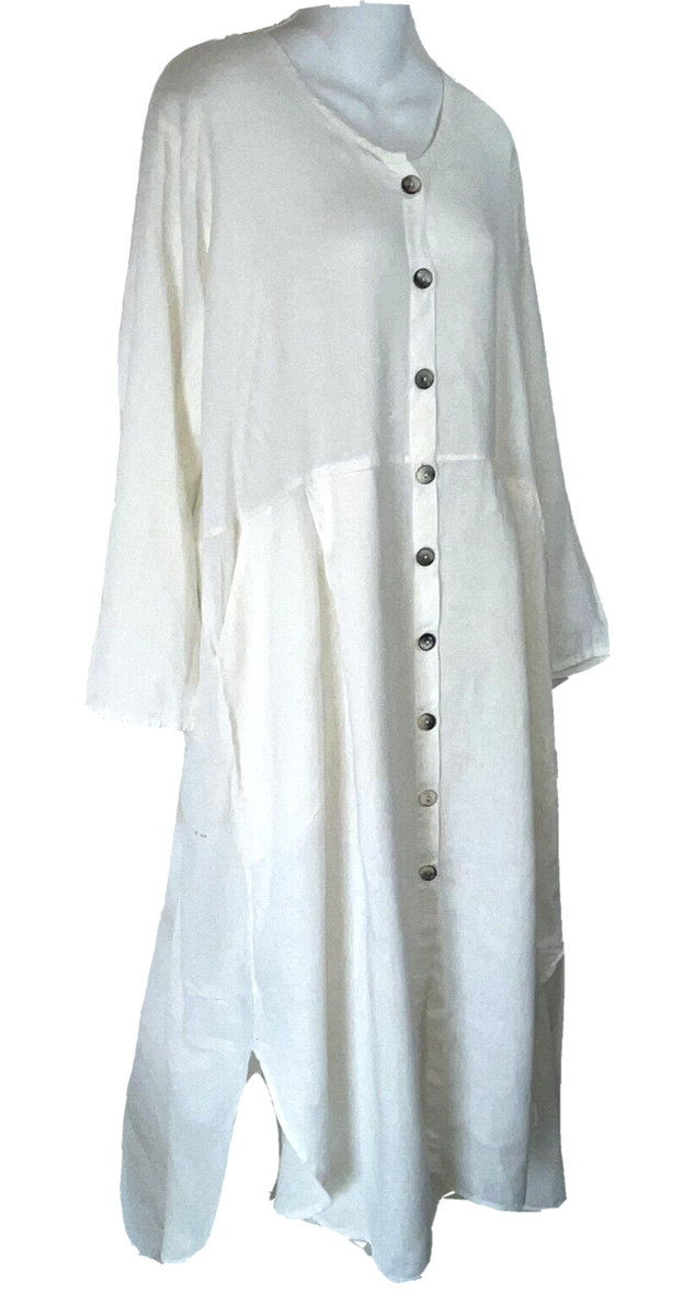 Long White Linen Dress Size Large FLAX by Angelheart Designs Button Up  Duster L