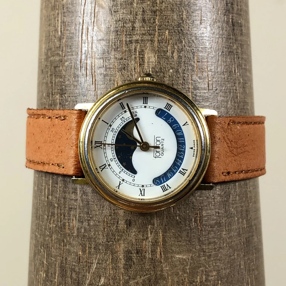 Винтажные женские кварцевые аналоговые часы Froton Dress Moon Phase коричневая кожа 27 мм 7 дюймов - Изображение 2 из 4