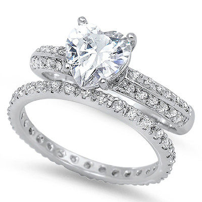Sterling Silver 925 Heart Shape Engagement Ring Band Wedding Set