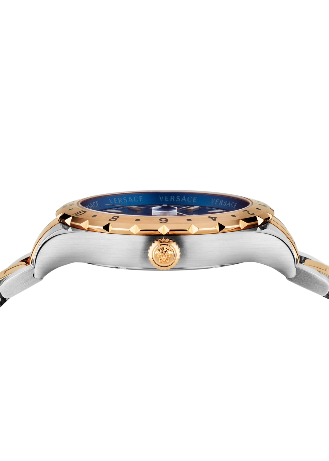 Versace Hellenyium GMT orologio uomo oro argento cassa quadrante blu 42 mm V11