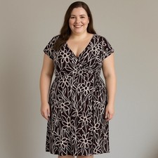 Women’s V-Neck Side Tie Knee Length Flower Dress Brown White Plus Size 14 XL