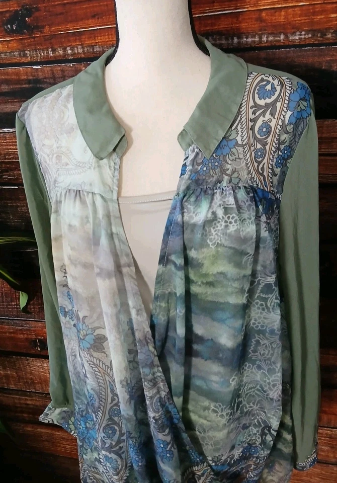 Blusa One World Talla Grande 3X Boho Transparente Manga Larga Envolvente Top Incorporado Tanque Genial Foto 4 de 4