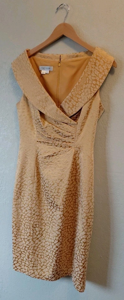 Vestido de cóctel Kay Unger New York para mujer talla 8 dorado animal jacquard elegante Foto 4 de 4