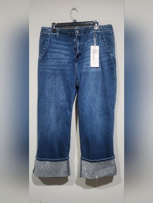 NWT Risen Jeans Cropped Dark Blue Women's Jeans with Embelished Cuff size 2XL