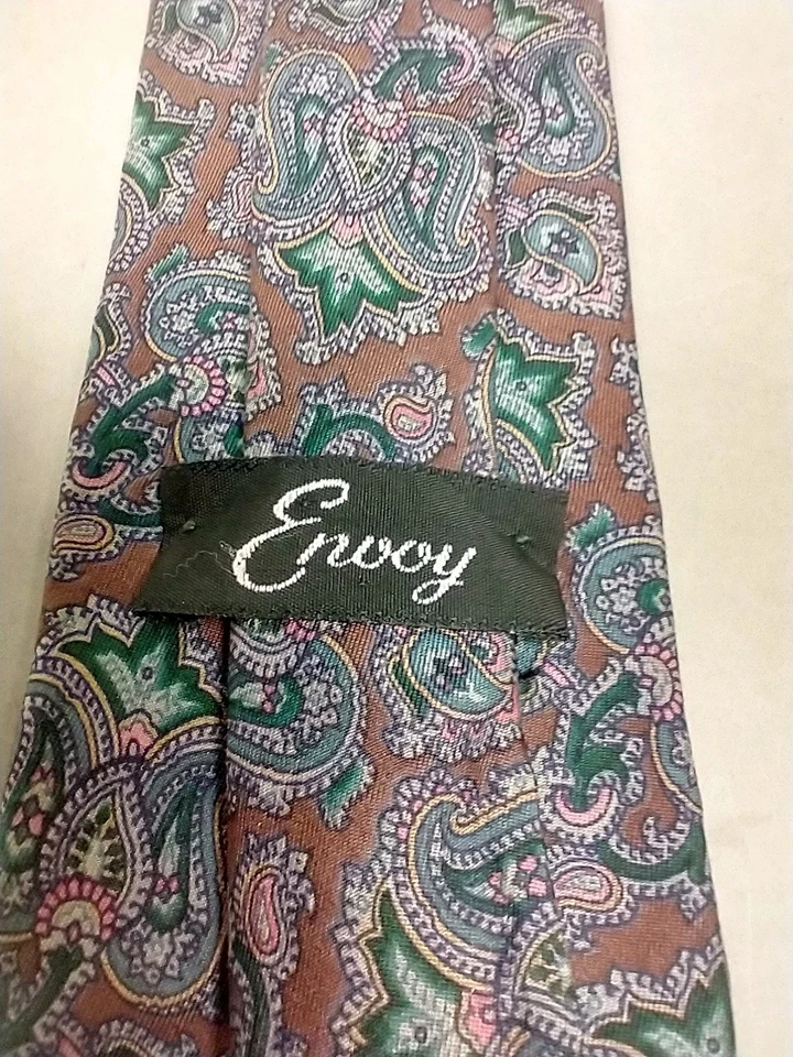 Corbata Geométrica Envoy Vintage Verde Granate Cachemira 100% Seda Hecha en EE. UU. 56x3 Foto 3 de 4