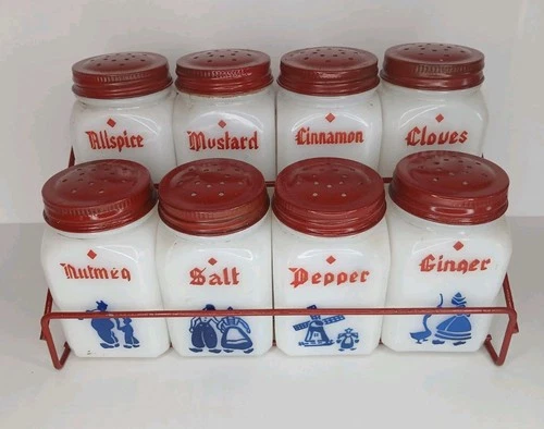 Hazel Atlas White Milk Glass-8 Piece "Dutch" Spice Set with Rack - All Original!