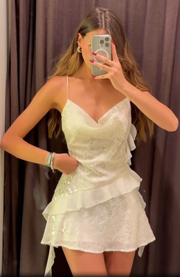 Zara Asymmetric Sequinned Ruffle Mini Dress Oyster White XS S M L