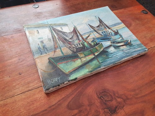 Harbour View Brittany René Huchet oil painting Uchay Fishing boat Croisic Marina - Picture 7 of 9