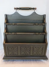 Vtg Green Wood Book Magazine Library Rack 3 Section Brass Hardware Dark Academia