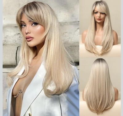 Lange blonde Perücke mit Fransen dunkelwurzelblond ombre gestreift wellig Kunsthaar