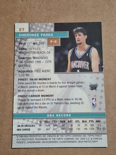 Tarjeta 1999-00 Cherokee Parks Topps Finest NBA #27 Memphis Grizzlies Duke Mavs - Imagen 2 de 2