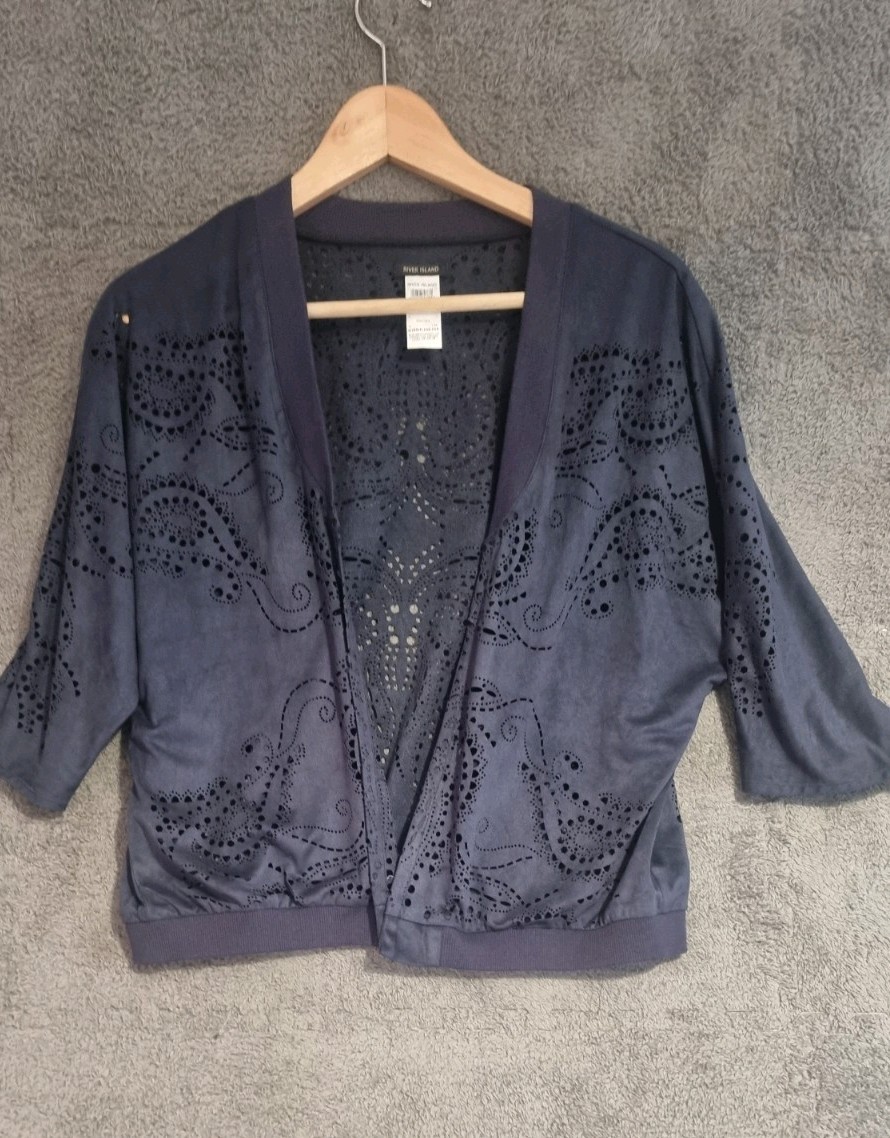 River Island Cropped Cardigan Suede Effect Cutout Cover Up Lightweight Navy UK S image 3