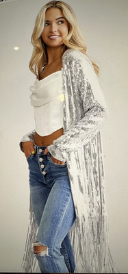 Buckle Blue B. All Silver Sequin Fringe Star Embellished Long Cardigan Sz L  NWT