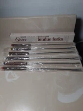 6 Vtg OSTER FONDUE FORKS~Set~Stainless Steel w/color Coded TEAK Wood Handles