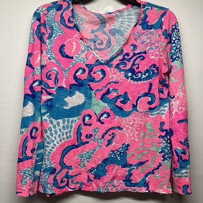 Lilly Pulitzer Jenny LS V Neck Tee Coral Reef I m So Jelly Roll Tab Sleeves Med