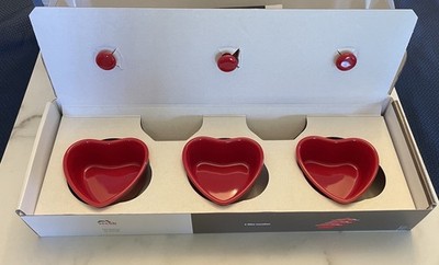 3 Staub Mini Heart Shaped Cocottes - Red Ceramic 10cm Oven Safe Bakeware