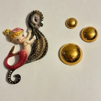 Vtg Lefton Mermaid Riding Seahorse Wall Plaque Figurine 3 Bubbles 528 MCM Kitsch