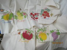 Vintage 7 Days the Week cotton muslin Kitchen Towels set painted Fruit Bugs