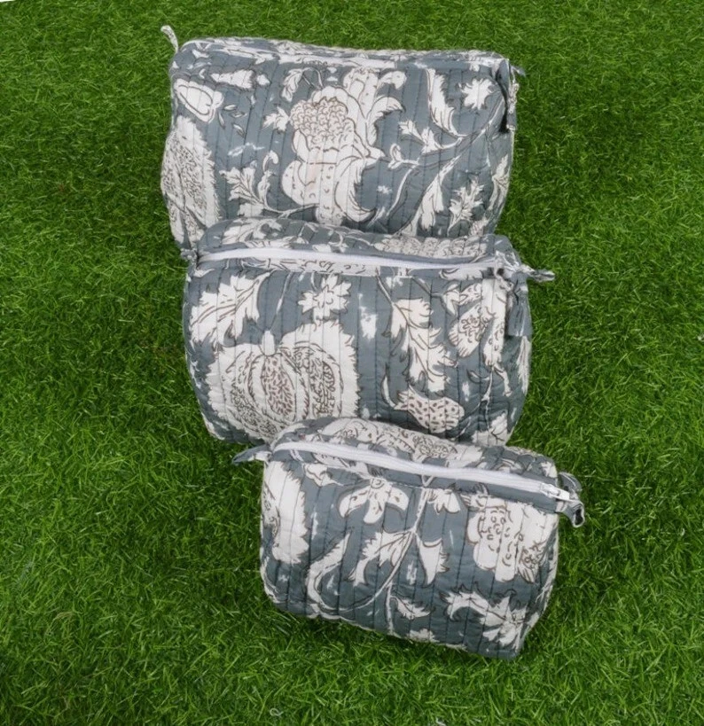 Indian Grey Floral Toiletry Bag Unisex Makeup Bags Waterproof 3 Pcs. Sets US