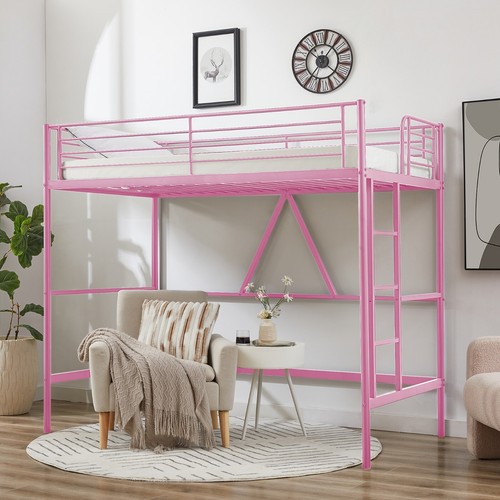 Twin Size Loft Bed with Stair Metal Loft Bed Frame Safety Guardrail Tall Kid Bed - Picture 26 of 33