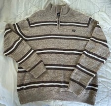 CHAPS 100 Cotton Mock Neck Quarter Zip Striped Sweater. Beige Brown. Mens XL.