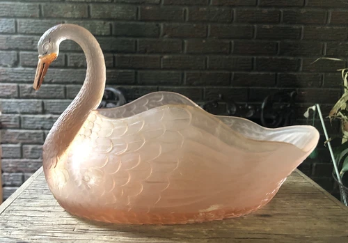 vintage Satin Glass 9" PINK SWAN BOWL TRAY VASE