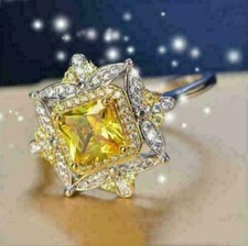 3 Ct Princess Cut Simulated Citrine Halo Engagement Ring 14K White Gold Plated