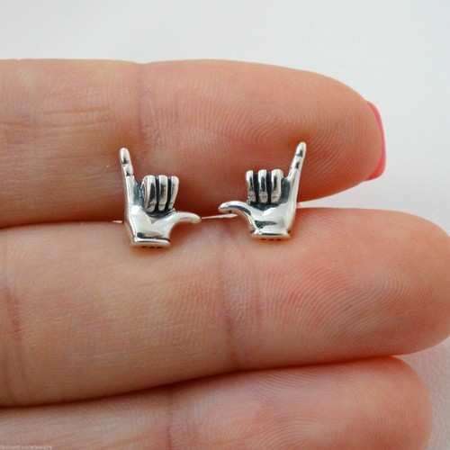 Hang Loose Earrings - 925 Sterling Silver - Hawaii Aloha Post Stud Sign Surf - Picture 2 of 3